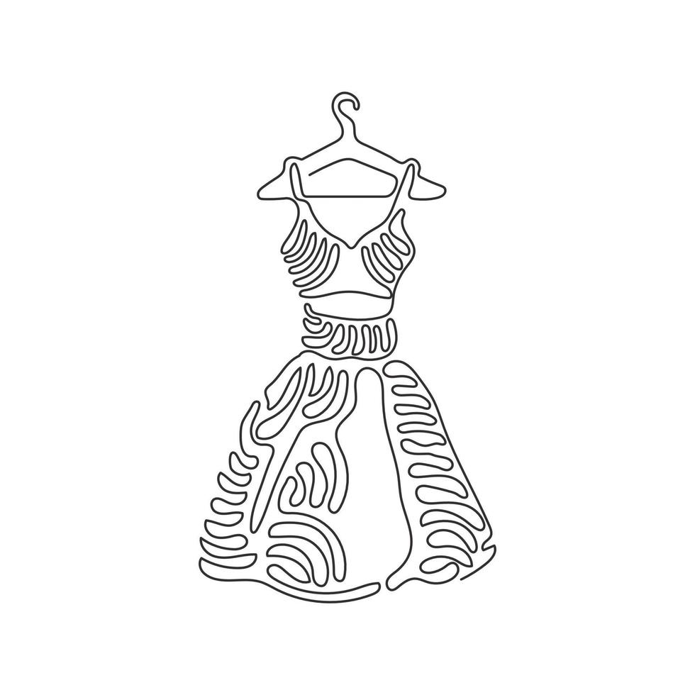 einzelne durchgehende Linie, die ein elegantes Kleid auf den Schultern zeichnet. Kleiderbügel. Bekleidungsgeschäft. modeboutique-konzept. Swirl-Curl-Stil. dynamische einzeilige abgehobene betragsgrafikdesign-vektorillustration vektor