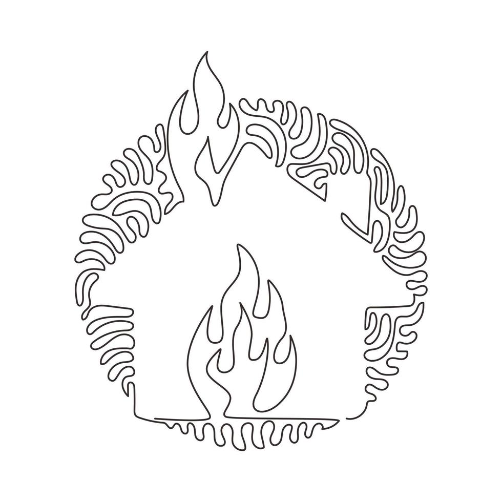 kontinuierliche einzeilige zeichnung feuerliniensymbol. Hausbau in Flammen. Versicherungssymbol aus der Unfallverhütung. Wirbel-Curl-Kreis-Hintergrundart. einzeiliges zeichnen design vektorgrafik illustration vektor