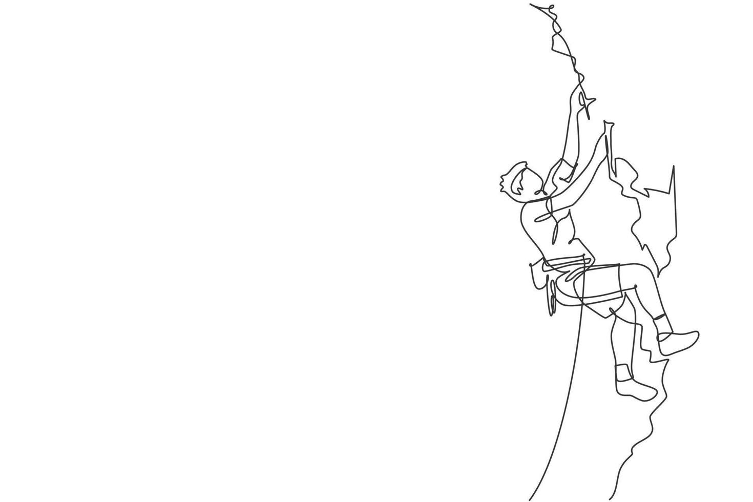 en enda linjeteckning av ung aktiv man som klättrar på klippberget håller säkerhetsrep vektorillustrationgrafik. extrem utomhussport och bouldering koncept. modern kontinuerlig linjeritningsdesign vektor