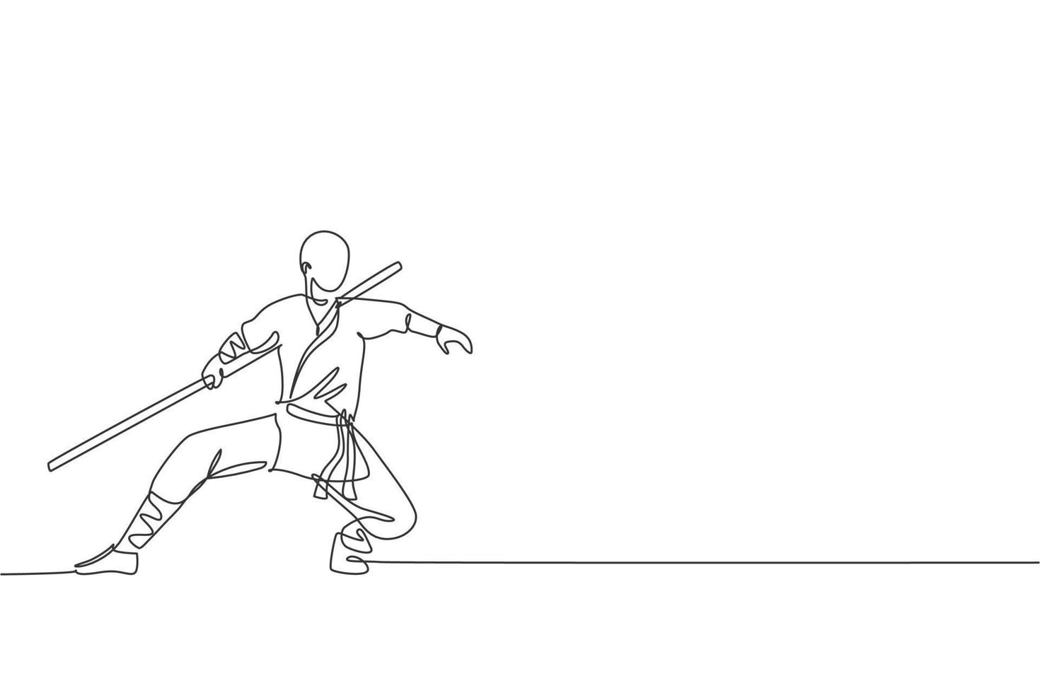 en kontinuerlig linjeteckning av en ung shaolinmunk man tränar kung fu med käpp på tempelmarken. traditionell kinesisk stridssportkoncept. dynamisk enda rad rita design vektorillustration vektor