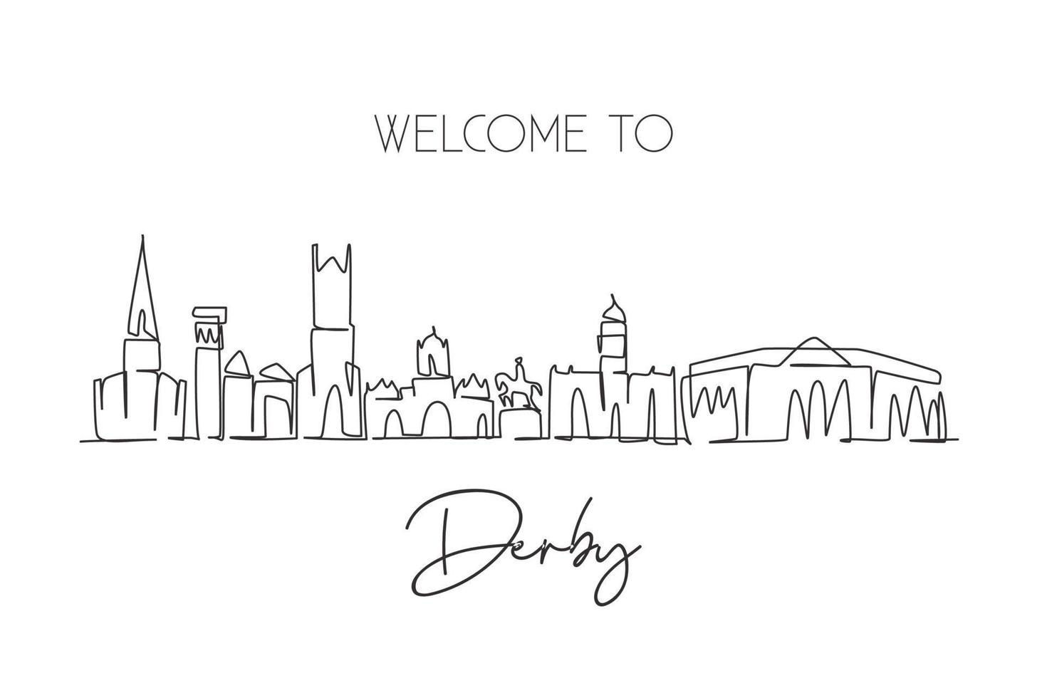 singel one line drawing derby city skyline, Storbritannien. världshistoriska stadslandskapet. bästa semesterdestinationsvykortet. redigerbara stroke trendiga kontinuerlig linje rita design vektorillustration vektor