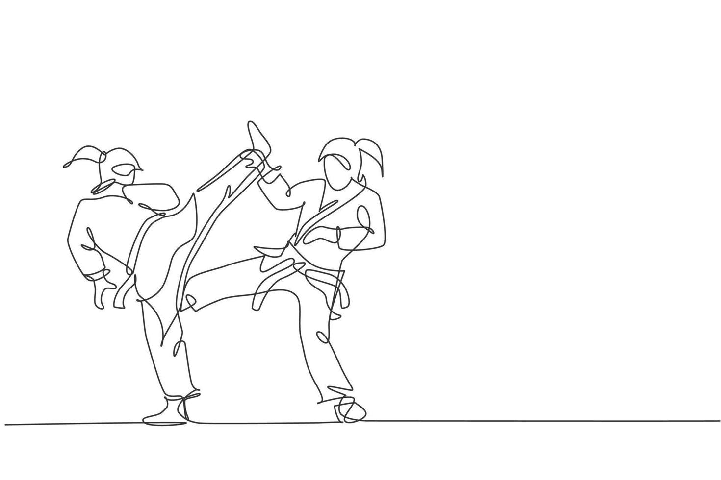 en kontinuerlig linjeteckning av två unga begåvade karateka-flickor som tränar poserar för duellstrider på dojo gym center. mästerskap kampsport sport koncept. dynamisk enda rad rita design vektorillustration vektor