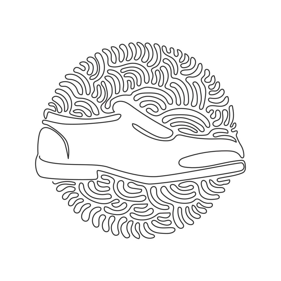 einzelne durchgehende linie, die männliche schwarze lederschuhe zeichnet. bequemes Schuhwerk. Herrenschuhbild, das in die Mode des Jahres passt. Wirbel-Curl-Kreis-Hintergrundart. dynamische einzeilige grafik vektor