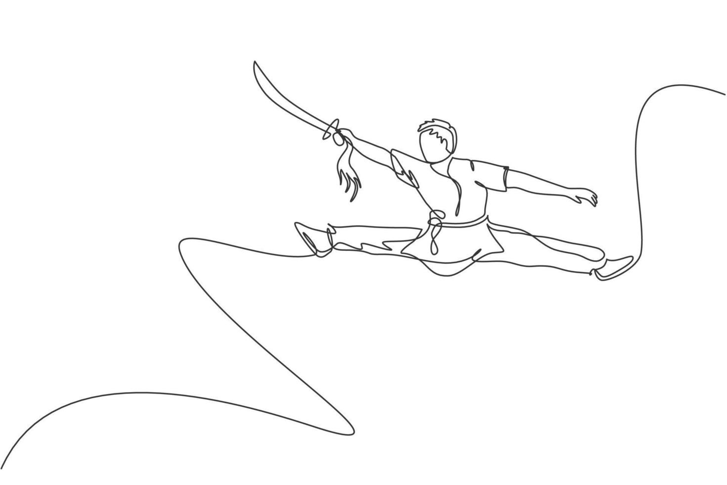 eine einzige Strichzeichnung eines jungen Mannes auf Kimono-Übung Wushu und Kung-Fu-Sprungtechnik mit Schwert auf der Vektorillustration des Fitnessstudios. Kampfsportkonzept. modernes Design mit durchgehender Linie vektor