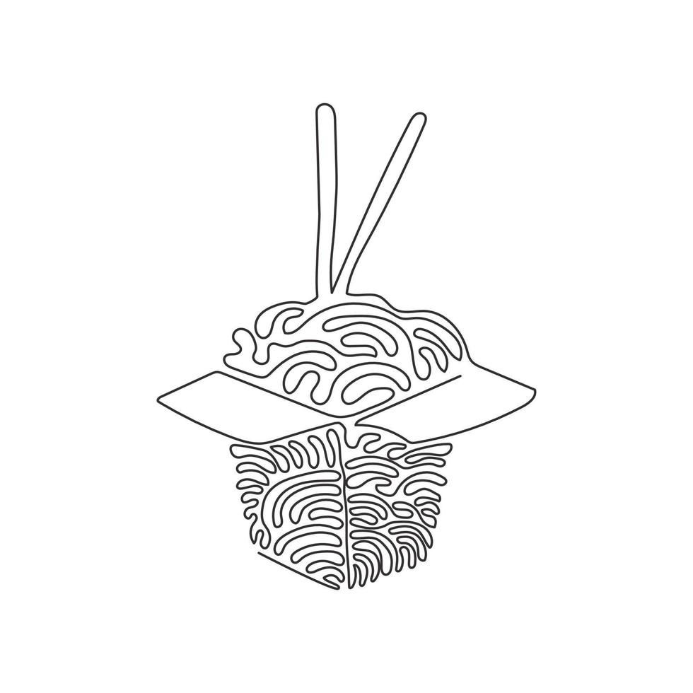 enda kontinuerlig linjeritning nudel i låda. asiatisk ramen orientalisk, traditionell kinesisk restaurang med pasta och ätpinnar. swirl curl stil. dynamisk en rad rita grafisk design vektorillustration vektor