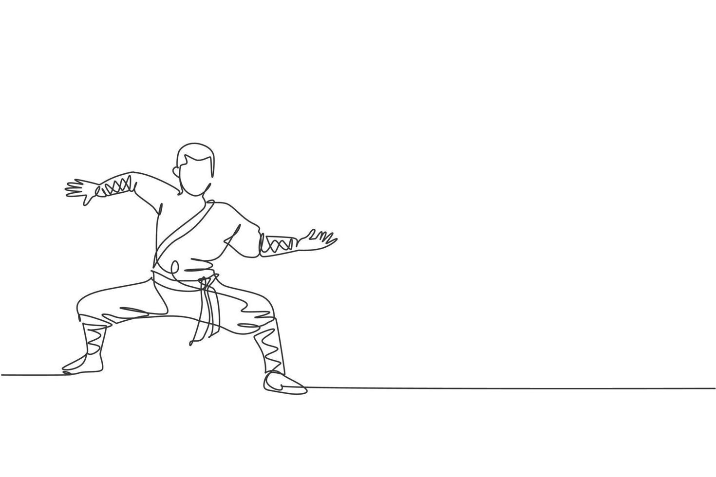eine durchgehende strichzeichnung eines jungen shaolin-mönchmannes, der kung-fu-stil auf dem tempelboden praktiziert. traditionelles chinesisches kampfsportkonzept. dynamische einzeilige zeichnen design vektorgrafik illustration vektor