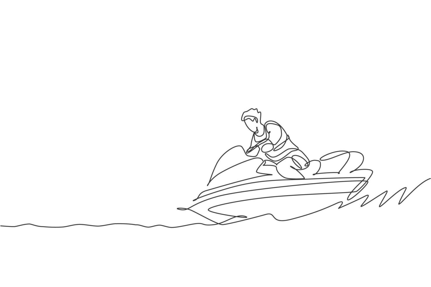 Eine einzelne Strichzeichnung junger sportlicher Mann spielt Jetski in der grafischen Vektorillustration des Meeresstrandes. gesunder lebensstil und extremsportkonzept. Sommerurlaub. modernes Design mit durchgehender Linie vektor