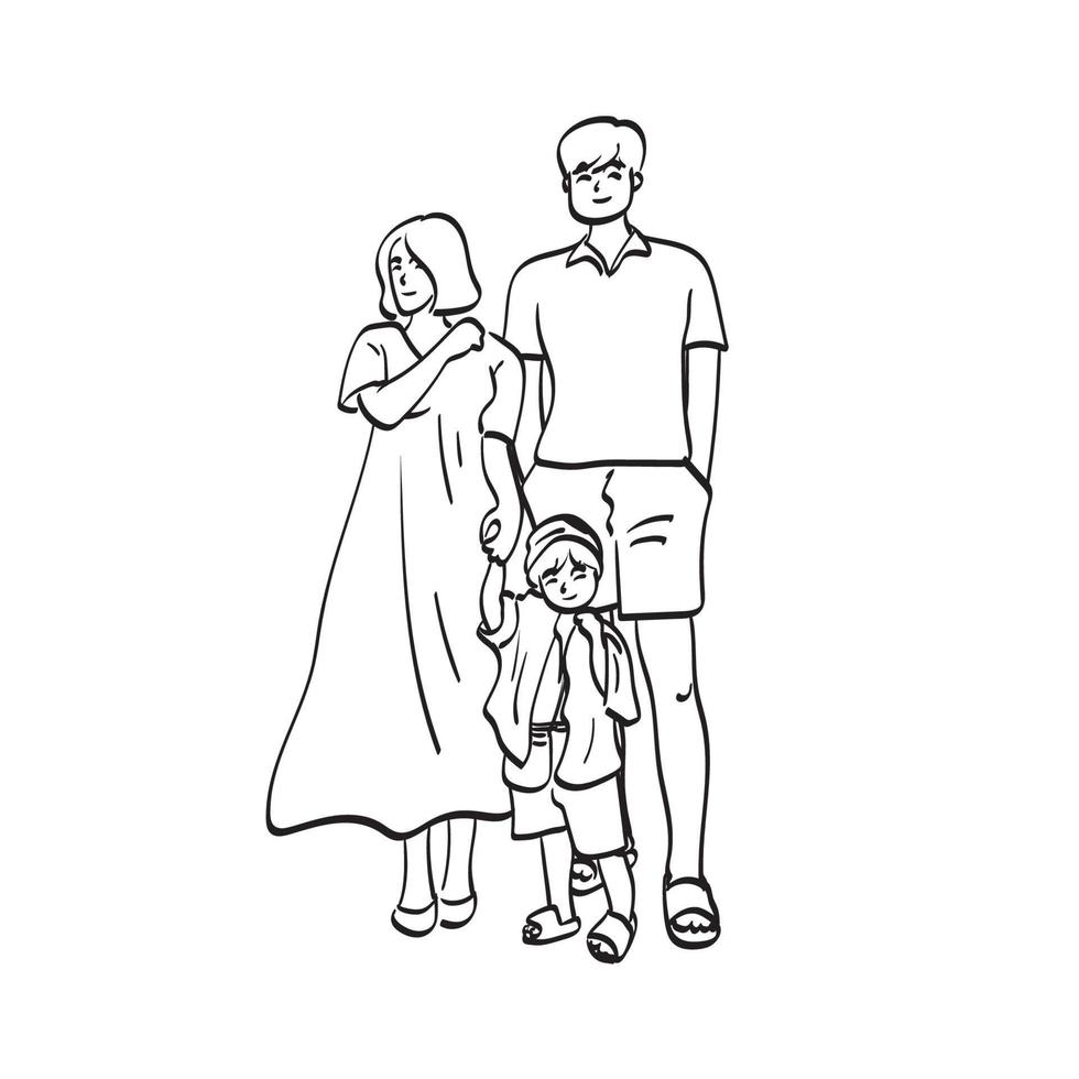 linjekonst full längd porträtt av lycklig familj illustration vektor handritad isolerad på vit bakgrund