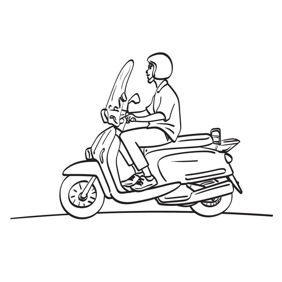 Mann mit Helm Reiten Motorrad Illustration Vektor handgezeichnet isoliert auf weißem Hintergrund Strichzeichnungen.