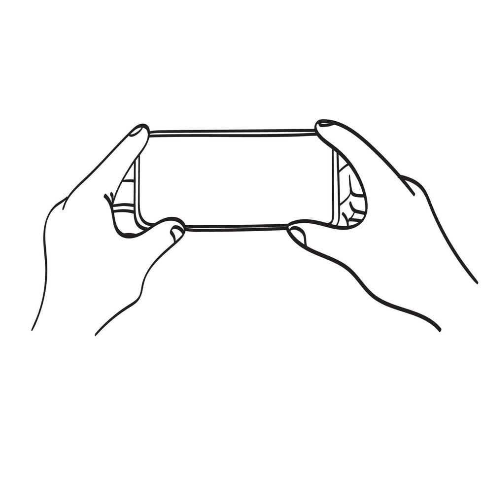 närbild hand som håller smartphone med tom skärm illustration vektor handritad isolerad på vit bakgrund linjekonst.