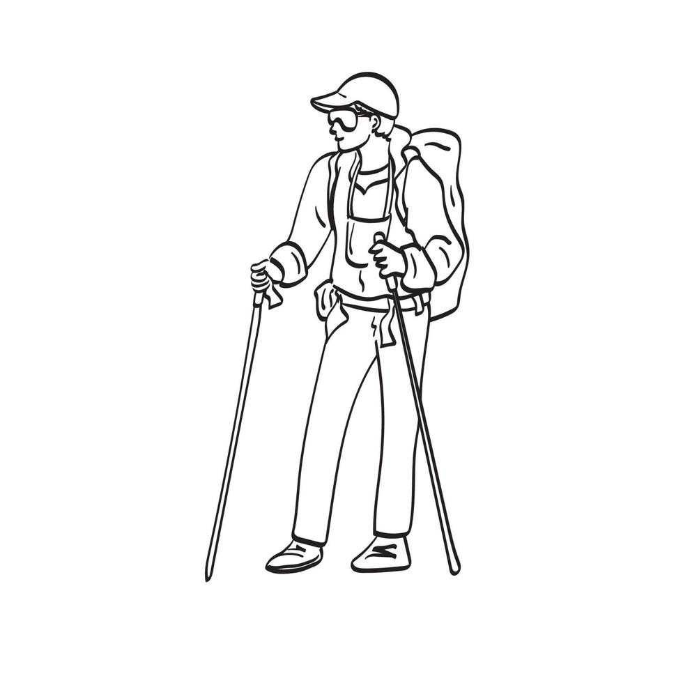 vandrare ung man med ryggsäck och vandringsstavar stående illustration vektor handritad isolerad på vit bakgrund linjekonst.