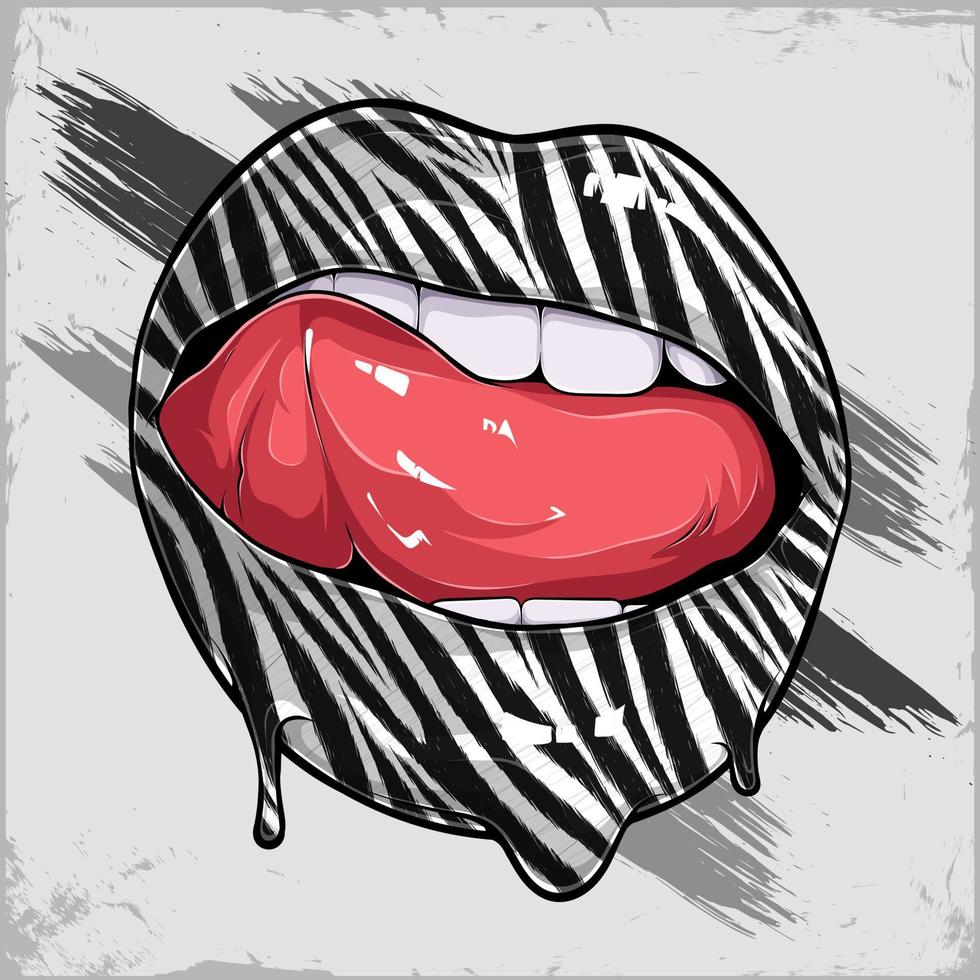 kvinnliga läppar med zebramönster istället för läppstift, kvinnans tunga uttryck vektor