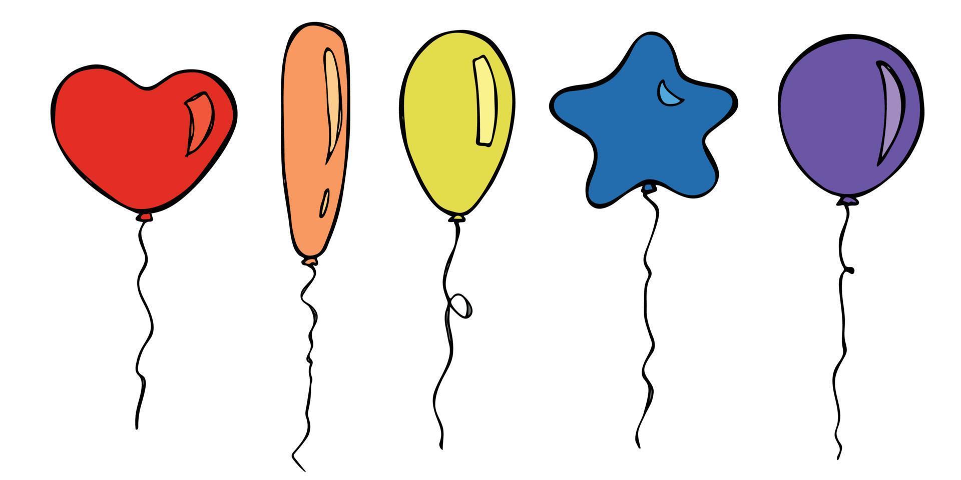 handritad uppsättning färgglada flygande ballongillustration. födelsedagsfest ballong doodle. semester clipart. vektor