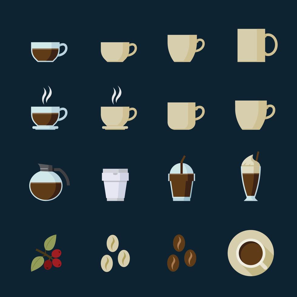 Kaffee- und Kaffeetassenikonen mit schwarzem Hintergrund vektor