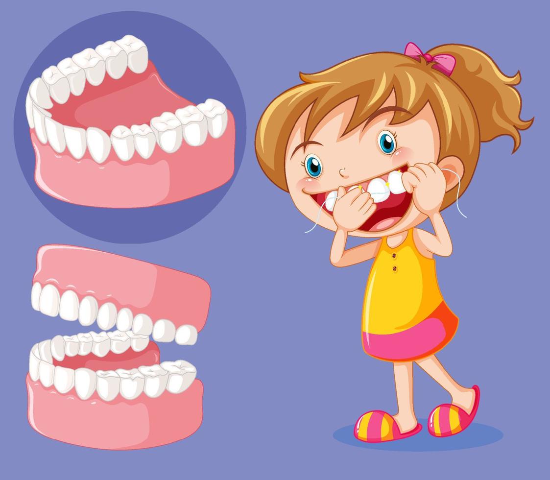 söt flicka seriefigur tandtråd tänder vektor