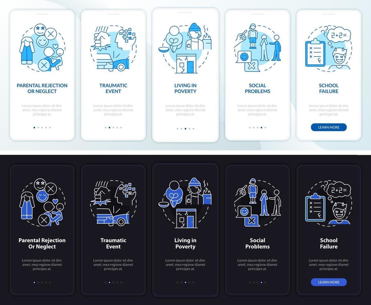 Verhaltensstörungsrisiko Nacht, Tagmodus beim Onboarding des Bildschirms der mobilen App. Komplettlösung 5 Schritte grafische Anleitungsseiten mit linearen Konzepten. ui, ux, gui-Vorlage. vektor