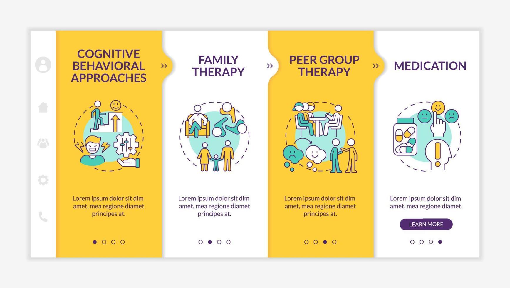 uppföra störningsbehandling gul onboarding mall. mentalt problem. responsiv mobilwebbplats med linjära konceptikoner. webbsida genomgång skärmar med 4 steg. vektor