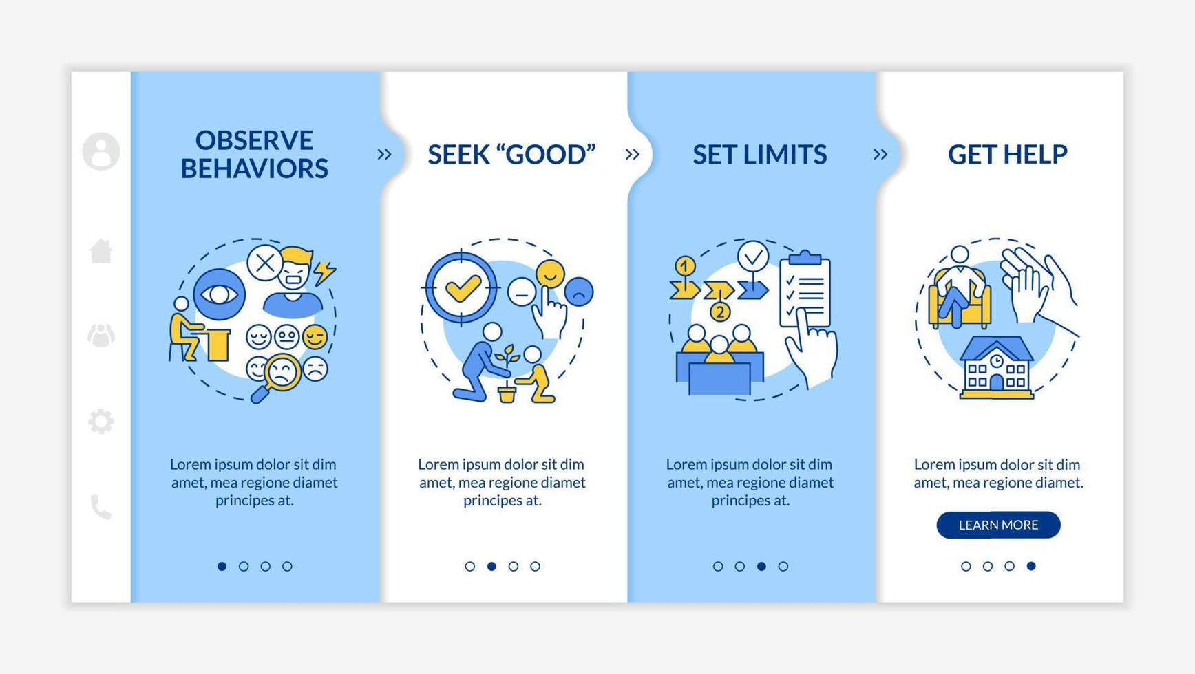 tipps zur verhaltensstörung für die blau-weiße onboarding-vorlage des lehrers. Responsive mobile Website mit linearen Konzeptsymbolen. Webseiten-Komplettlösung 4-Schritt-Bildschirme. vektor