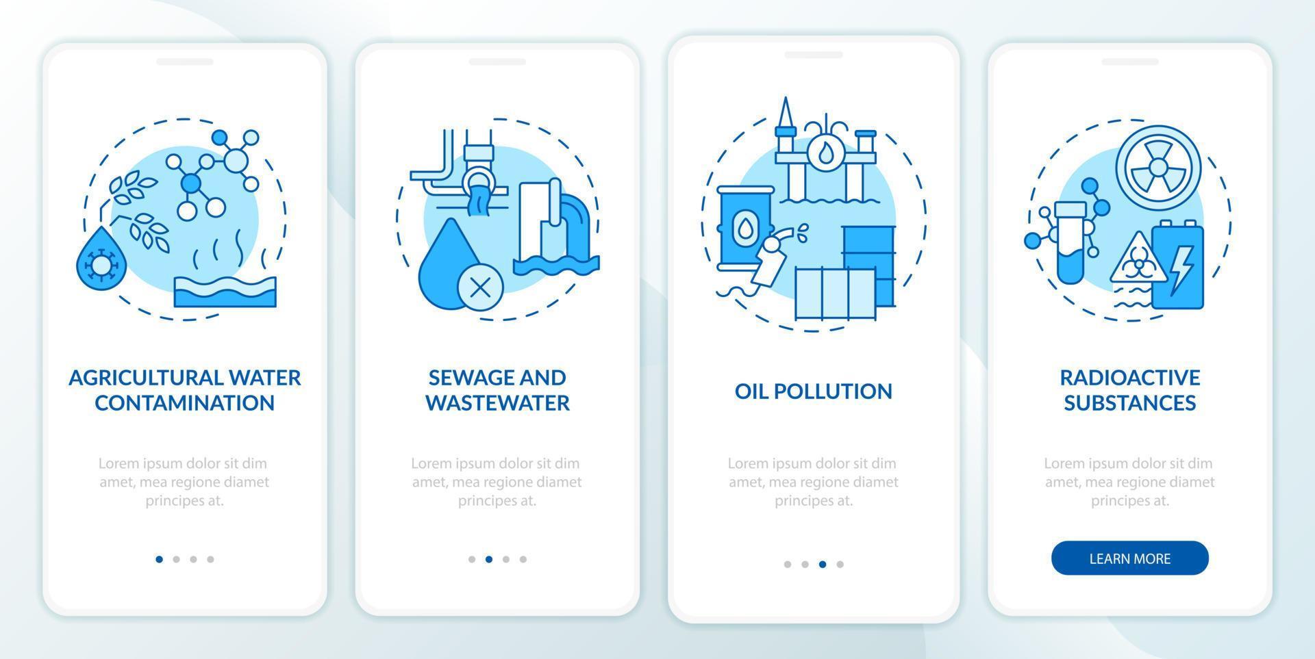 wasserverschmutzungsarten blauer onboarding-bildschirm der mobilen app. Abwasser Walkthrough 4 Schritte grafische Anleitungsseiten mit linearen Konzepten. ui, ux, gui-Vorlage. vektor