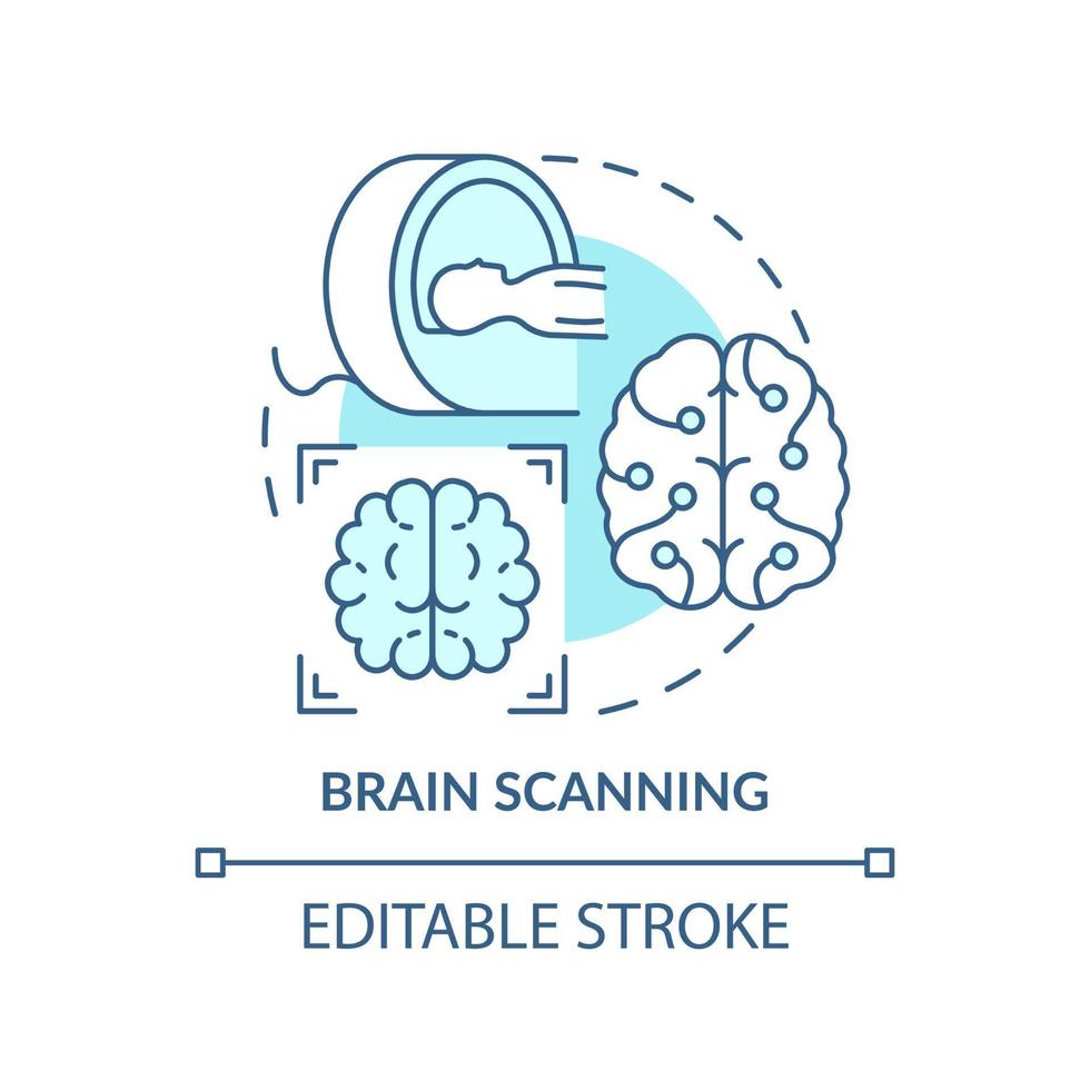 hjärnskanning turkos konceptikon. neurologi forskning. diagnostisk bildbehandling abstrakt idé tunn linje illustration. isolerade konturritning. redigerbar linje. vektor