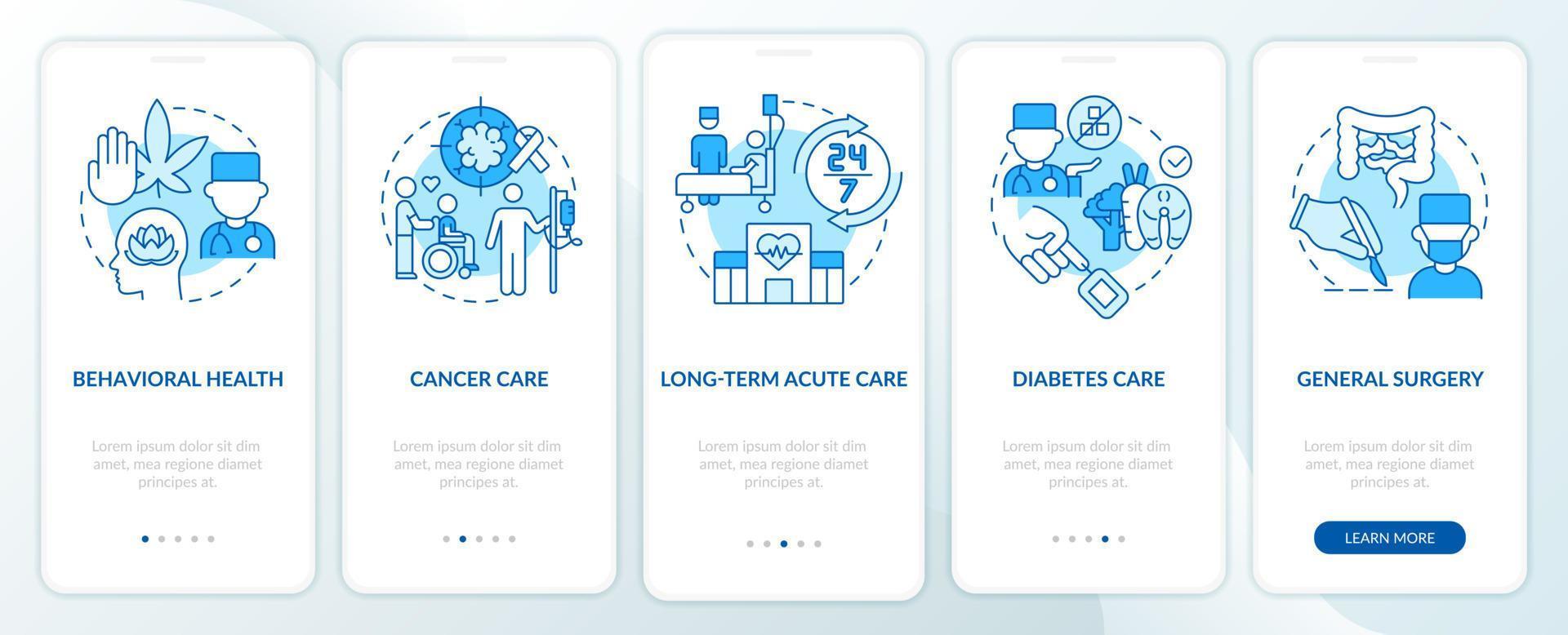 arten von medizinischen diensten blauer onboarding-bildschirm der mobilen app. Patient Care Walkthrough 5 Schritte grafische Anleitungsseiten mit linearen Konzepten. ui, ux, gui-Vorlage. vektor