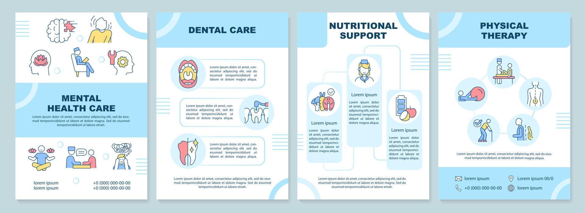 Blaue Broschürenvorlage für medizinische Dienstleistungen. Patientenpflege. Broschürendesign mit linearen Symbolen. 4 Vektorlayouts für Präsentationen, Jahresberichte. vektor