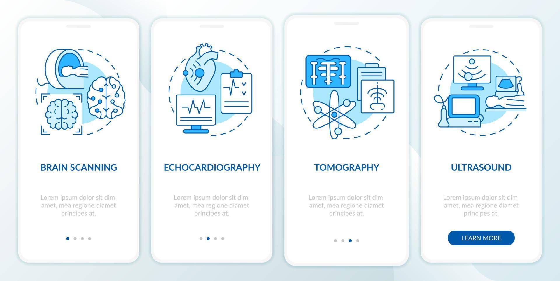 Diagnostische Bildgebung blauer Onboarding-Bildschirm der mobilen App. Medizinische Forschung Walkthrough 4 Schritte grafische Anleitungsseiten mit linearen Konzepten. ui, ux, gui-Vorlage. vektor