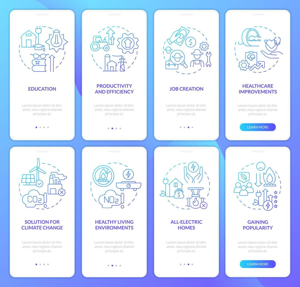 ländliche elektrifizierung blauer farbverlauf beim onboarding mobiler app-bildschirmsatz. Komplettlösung 4 Schritte grafische Anleitungsseiten mit linearen Konzepten. ui, ux, gui-Vorlage. vektor