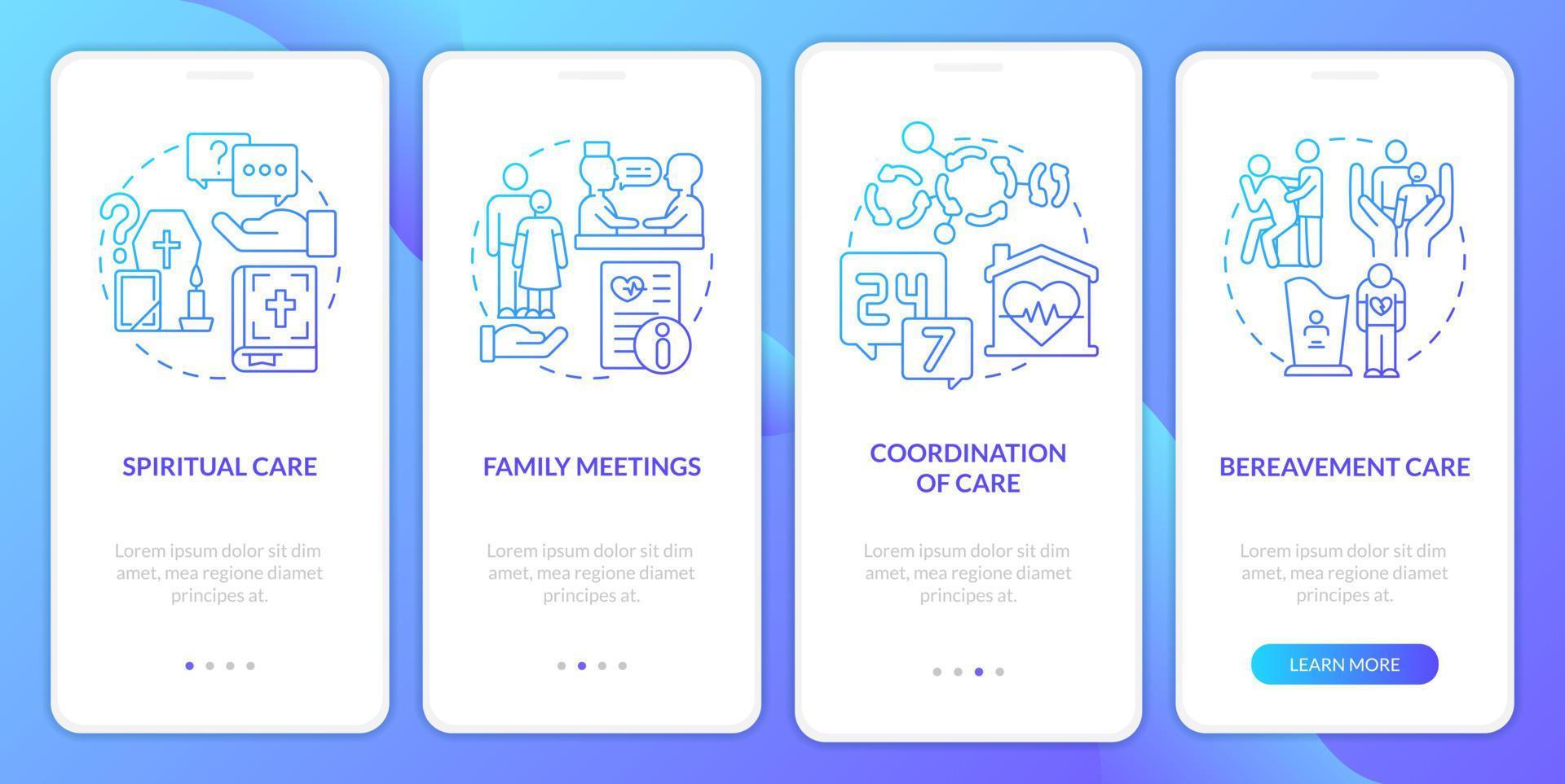 hospizpflege blauer farbverlauf beim onboarding des mobilen app-bildschirms. Sanitätsdienst Walkthrough 4 Schritte grafische Anleitungsseiten mit linearen Konzepten. ui, ux, gui-Vorlage. vektor