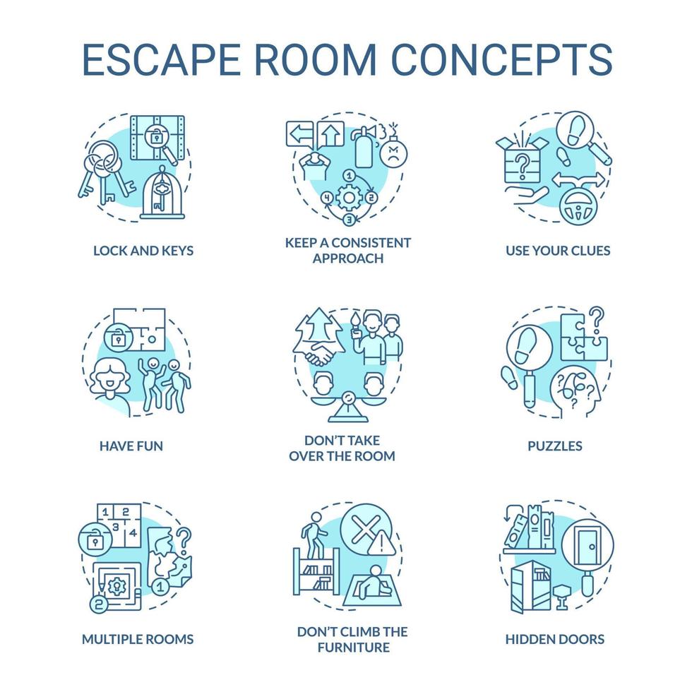 Escape Room Türkis Konzept Symbole gesetzt. rätsellösung abenteueridee dünne linie farbillustrationen. habe Spaß. isolierte Symbole. editierbarer Strich. vektor