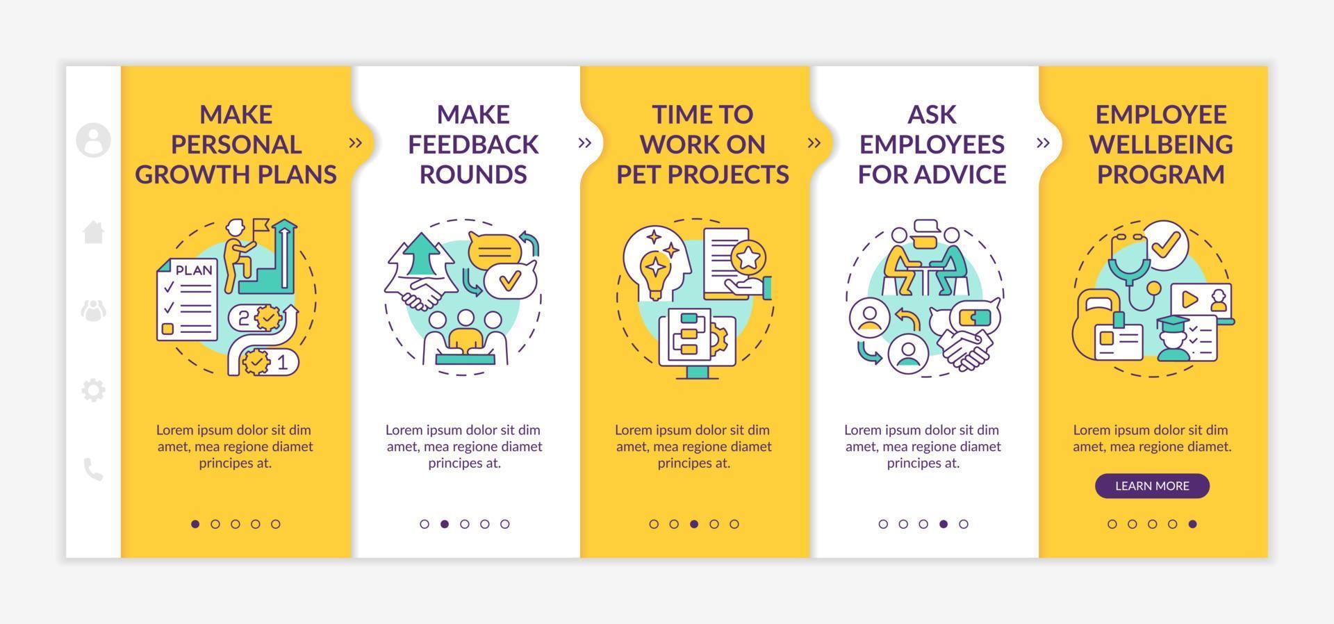 anställdas engagemang aktiviteter gul onboarding mall. frågar efter råd. responsiv mobilwebbplats med linjära konceptikoner. webbsida genomgång 5 steg skärmar. vektor