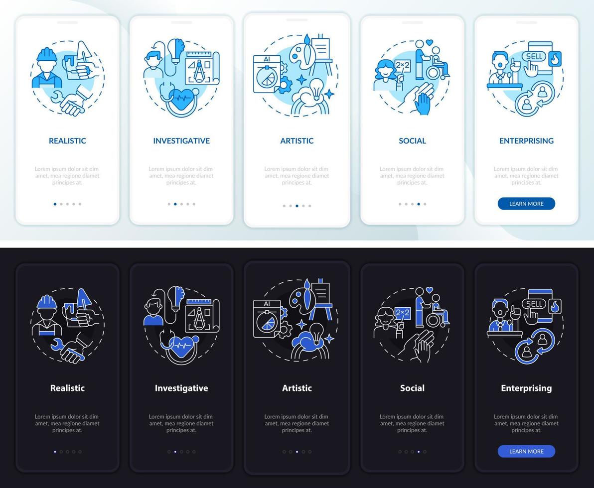 arbetsmiljötyper natt- och dagläge på mobilappskärmen. genomgång 5 steg grafiska instruktioner sidor med linjära koncept. ui, ux, gui mall. vektor