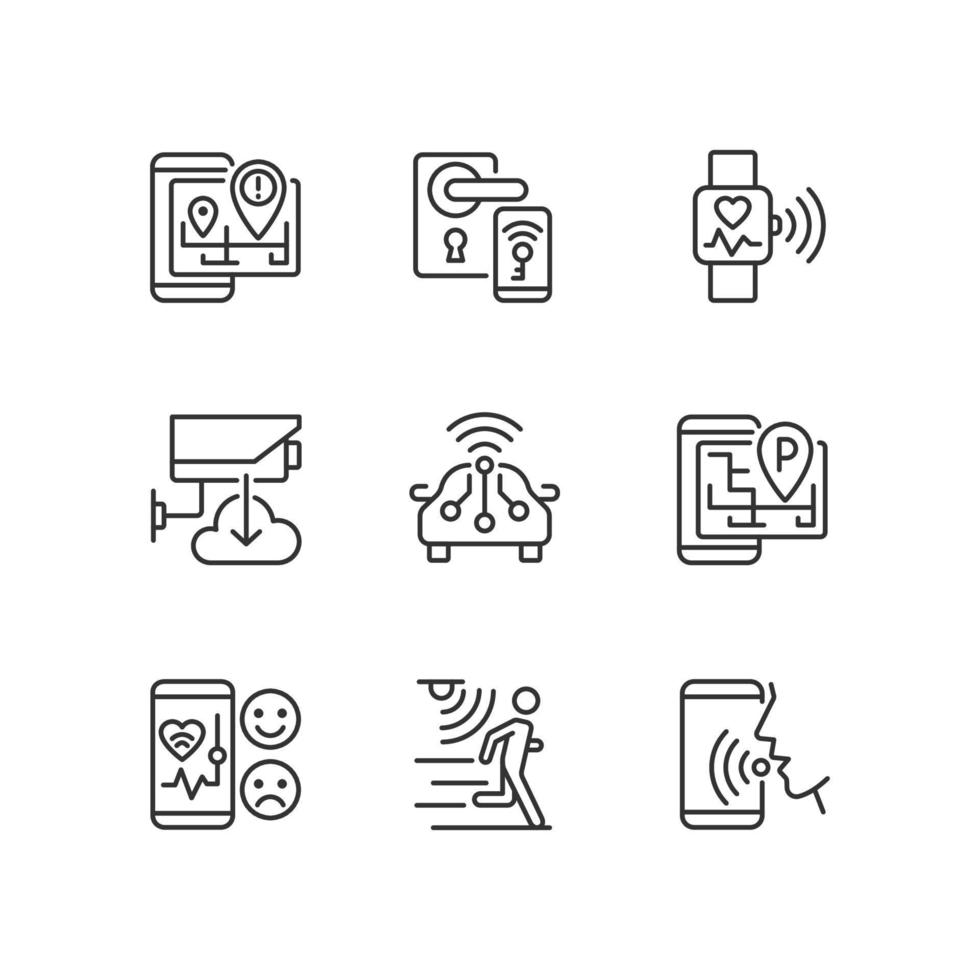 Internet der Dinge Pixel perfekte lineare Symbole gesetzt. kabellose Technologie. iot-Gerät. innovative Technik. anpassbare dünne Liniensymbole. isolierte vektorumrissillustrationen. editierbarer Strich vektor