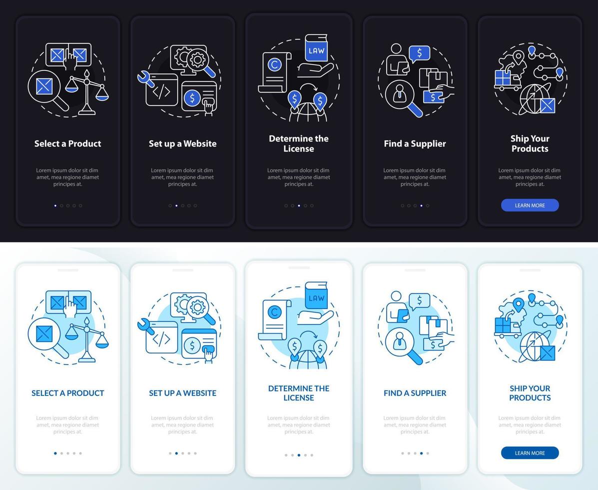 Starten Sie den Tag- und Nachtmodus des Exportgeschäfts beim Onboarding des Bildschirms der mobilen App. Komplettlösung 5 Schritte grafische Anleitungsseiten mit linearen Konzepten. ui, ux, gui-Vorlage. vektor