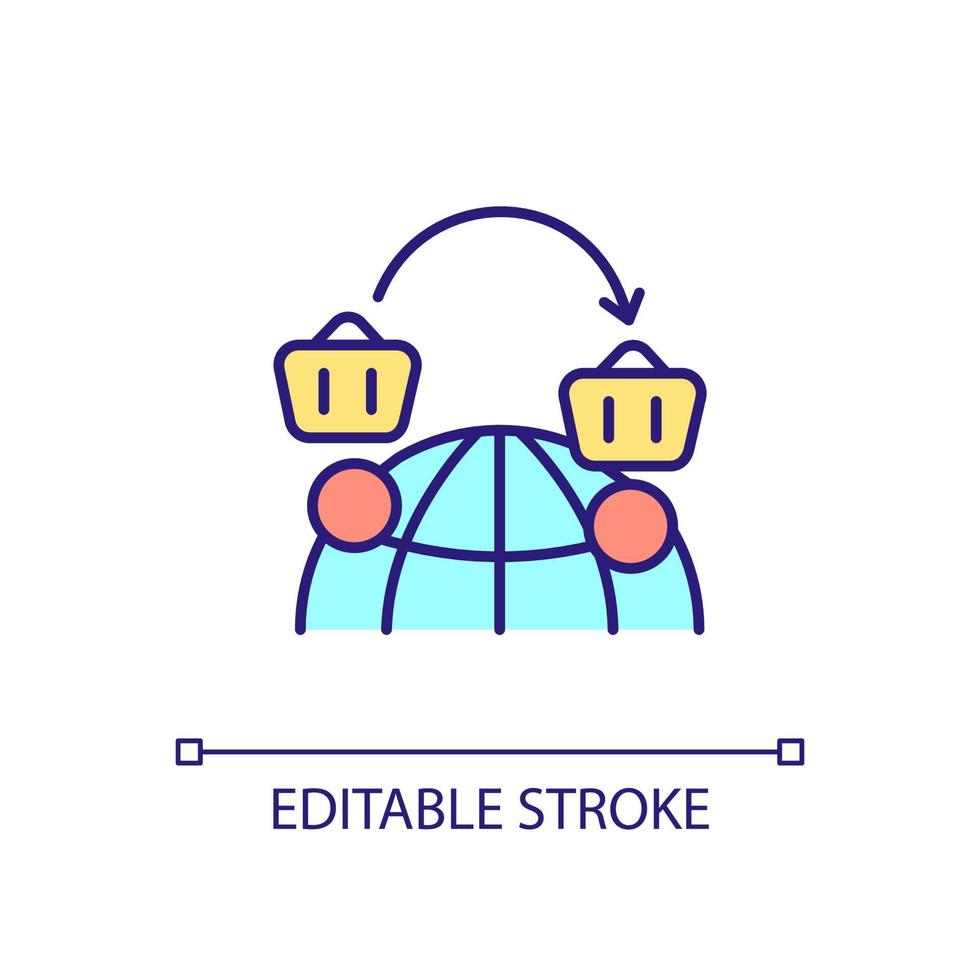 internationell återförsäljning rgb färgikon. försäljning över hela världen. E-handel. varudistribution utomlands. isolerade vektor illustration. enkel fylld linjeritning. redigerbar linje.