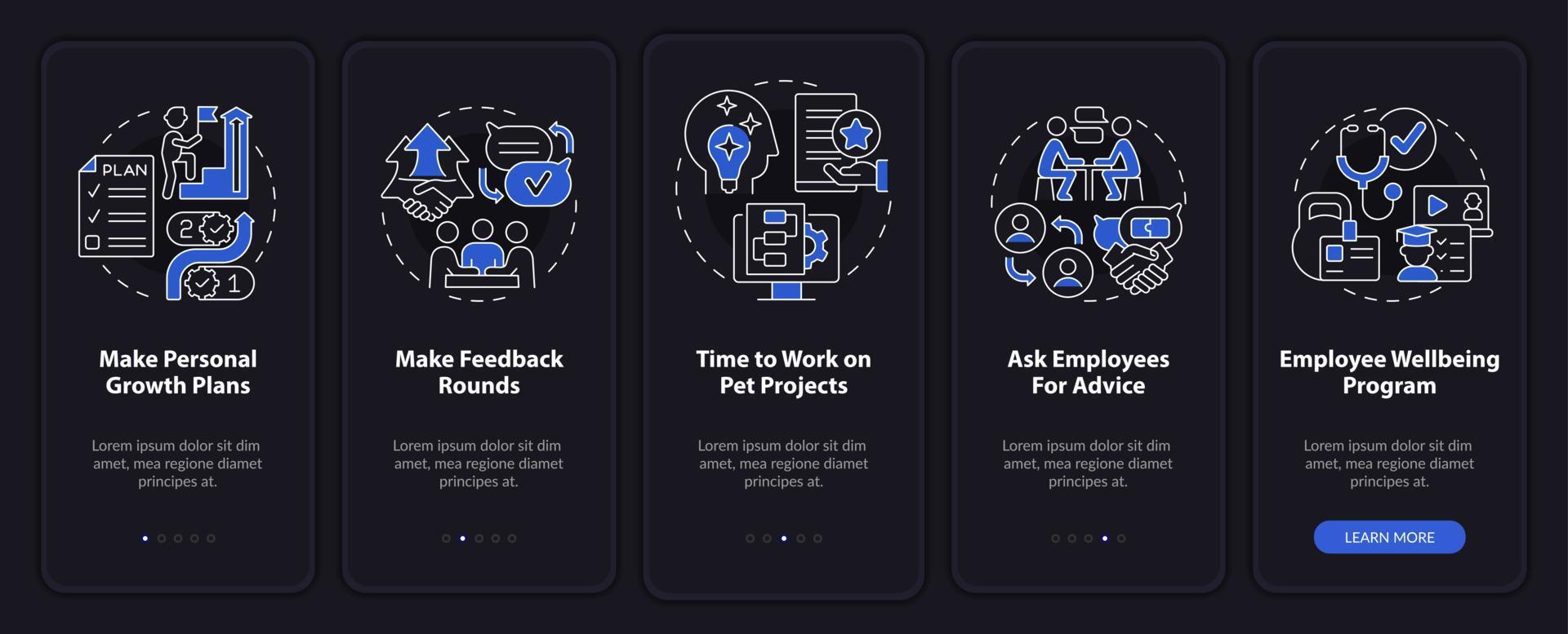 Mitarbeiterengagement-Aktivitäten Nachtmodus beim Onboarding des Bildschirms der mobilen App. Komplettlösung 5 Schritte grafische Anleitungsseiten mit linearen Konzepten. ui, ux, gui-Vorlage. vektor