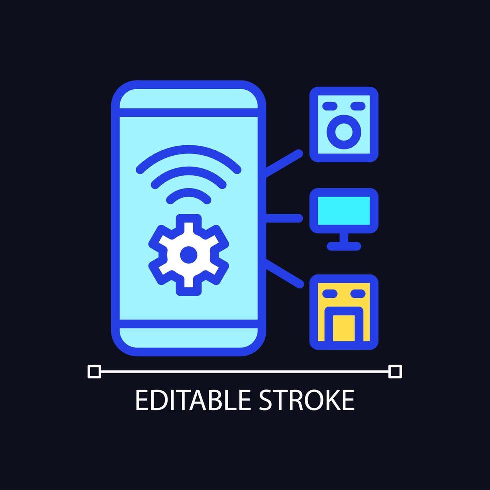 intelligente geräte steuern pixel perfektes rgb-farbsymbol für dunkles thema. mobiler Zugriff auf die Regulierung von Remote-Geräten. einfache gefüllte Strichzeichnung auf dem Hintergrund des Nachtmodus. editierbarer Strich. vektor