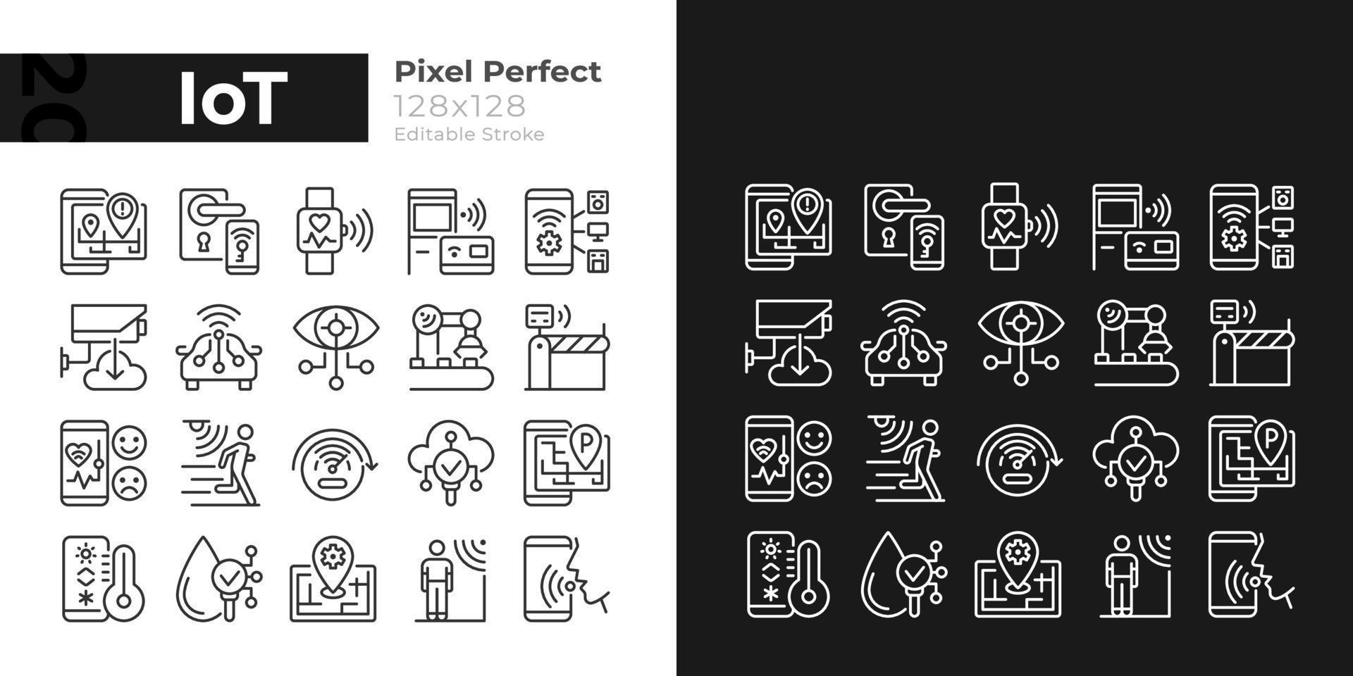 iot pixel perfekt ljus och mörk tema färg ikoner set. wifi reglering. sakers internet. enkla fyllda linjeritningar. ljusa cliparts på vitt och svart. redigerbar linje. vektor