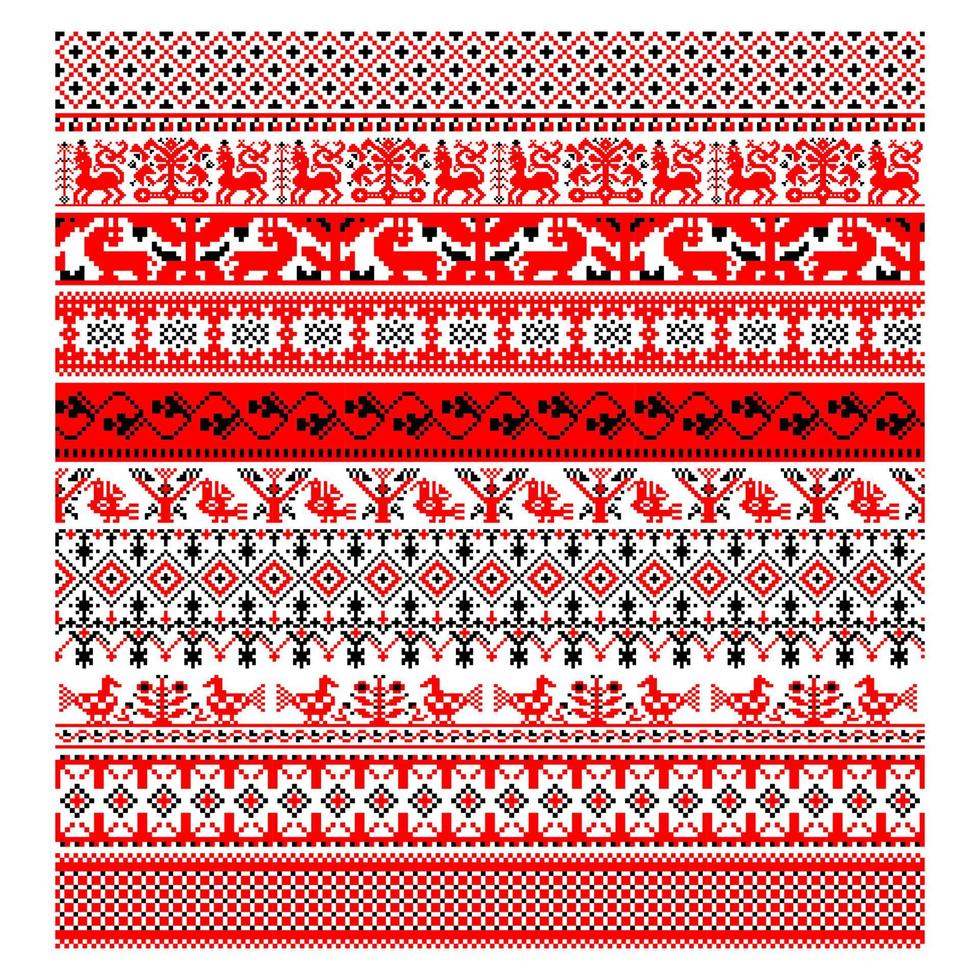 uppsättning av pixeliserade mönster vyshyvanka traditionella ukrainska sömlösa mönster slaviska prydnad vektor