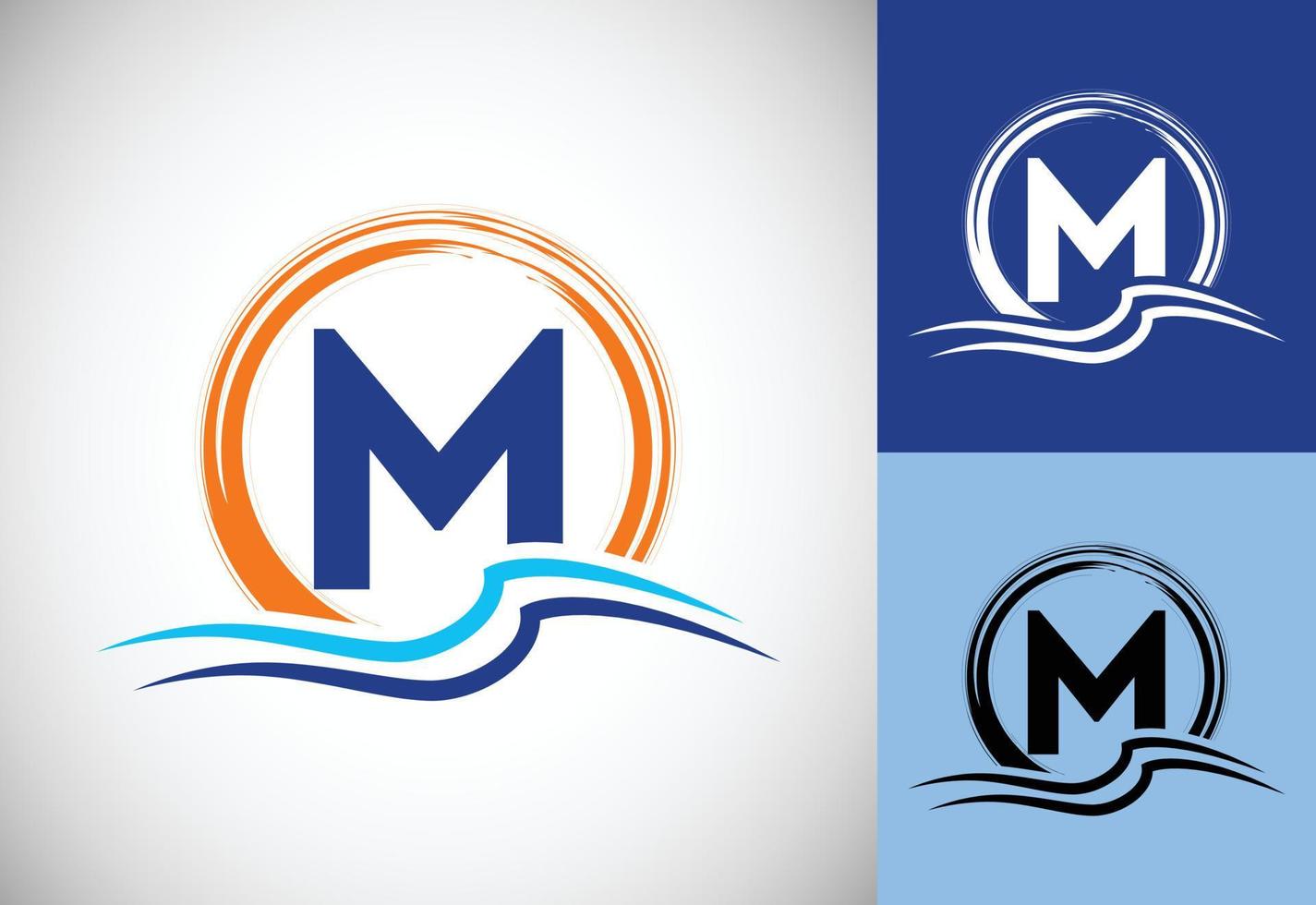 initial m monogram bokstav med vatten havsvågor och solen. strand logotyp designkoncept vektor