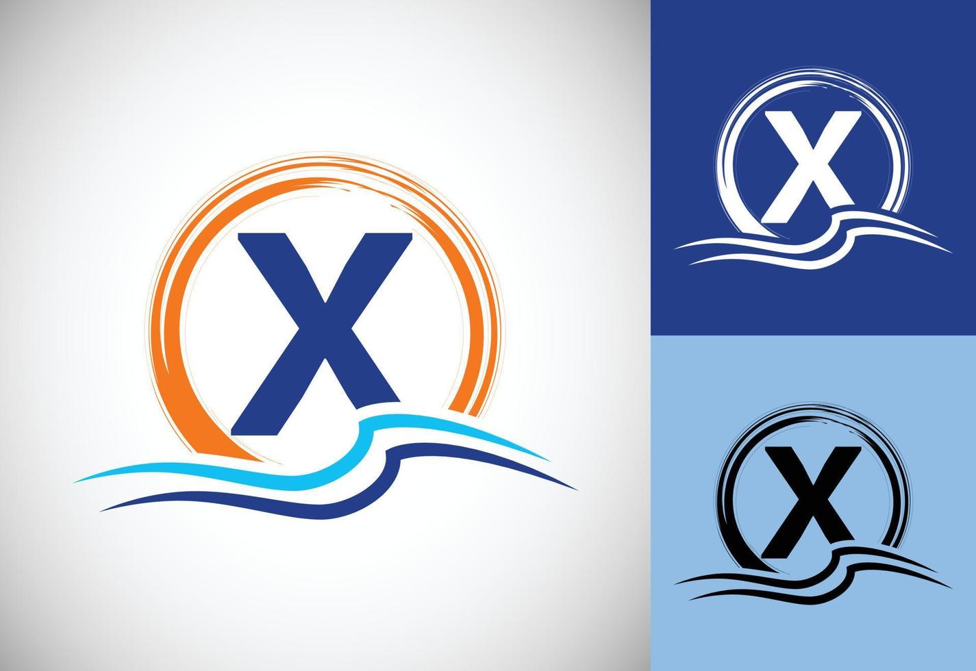 Monogramm-Anfangsbuchstabe x mit Wasserozeanwellen und der Sonne. Strand-Logo-Design-Konzept vektor