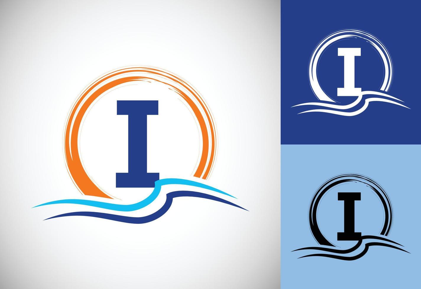 initial i monogram bokstav med vatten havsvågor och solen. strand logotyp designkoncept vektor