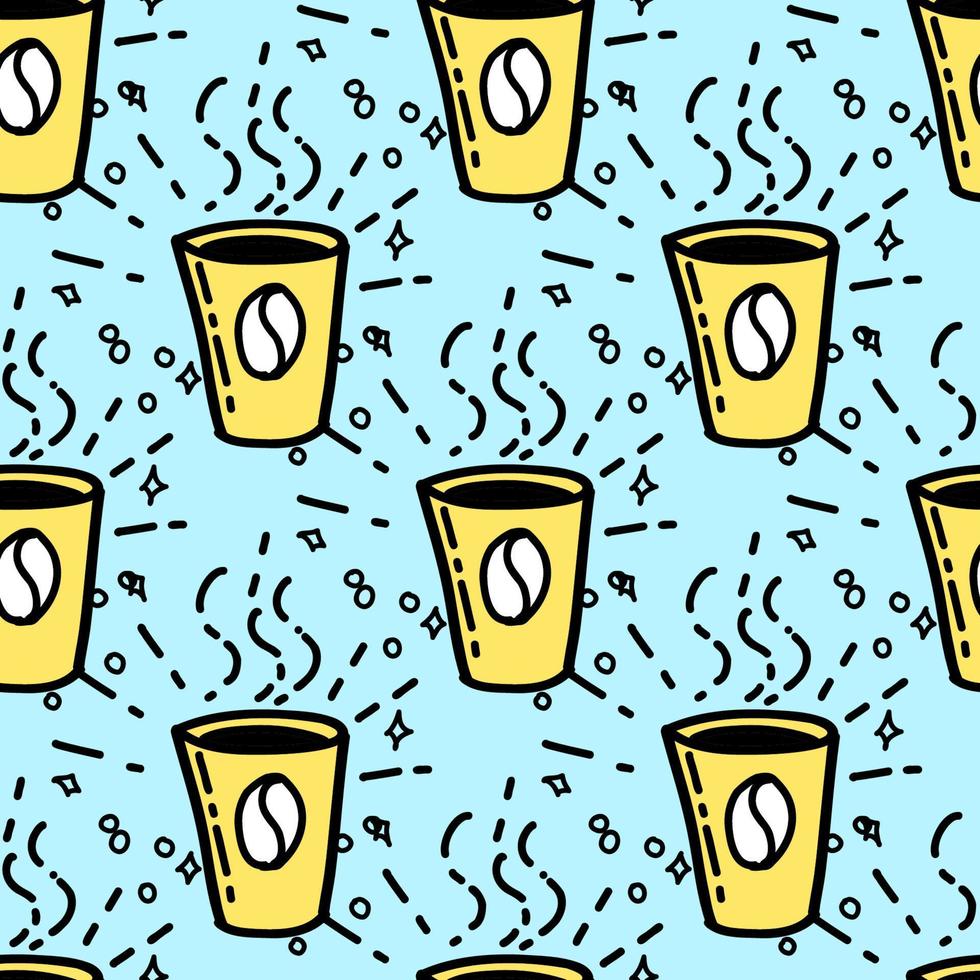 Nahtloses Muster mit Illustration Kaffeetasse in blau-gelber Farbe im Doodle-Stil. vektor
