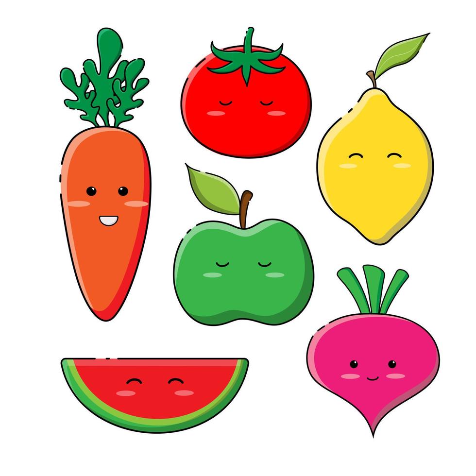 vektorbild av söta frukter och grönsaker. morot, tomat, citron, äpple, rädisa och vattenmelon i en söt kawaii-stil för modern design vektor