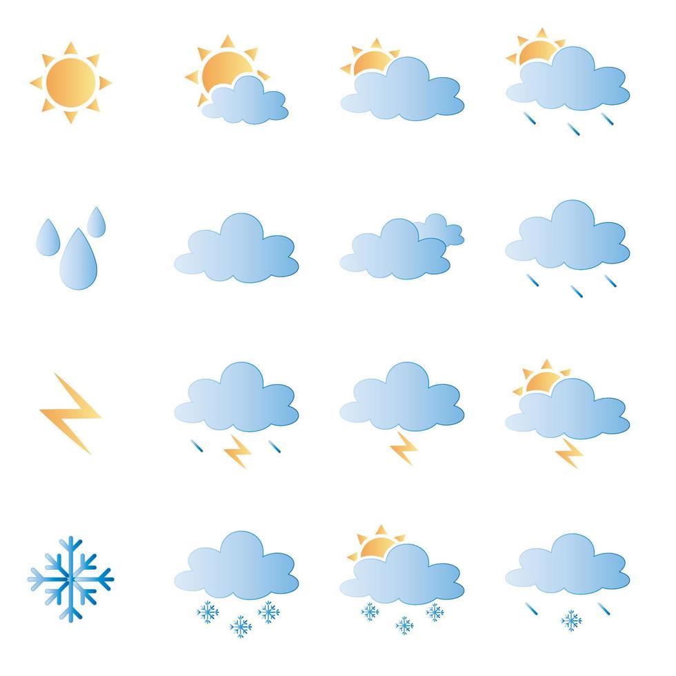 Wettersymbole für Print, Web oder mobile App. Mega-Paket mit farbigen Wettersymbolen. alle Symbole für Wetter mit Beispielnutzung vektor