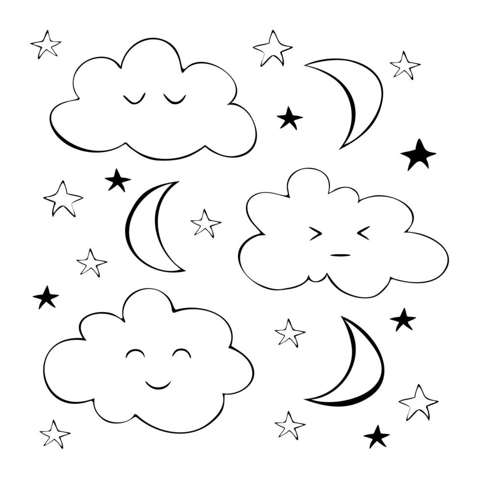 Vektor-Illustration einer Sammlung von Wolken. Symbole für Druck- oder Webanwendungen. Wolken, Sterne und der Mond auf einem transparenten Hintergrund vektor