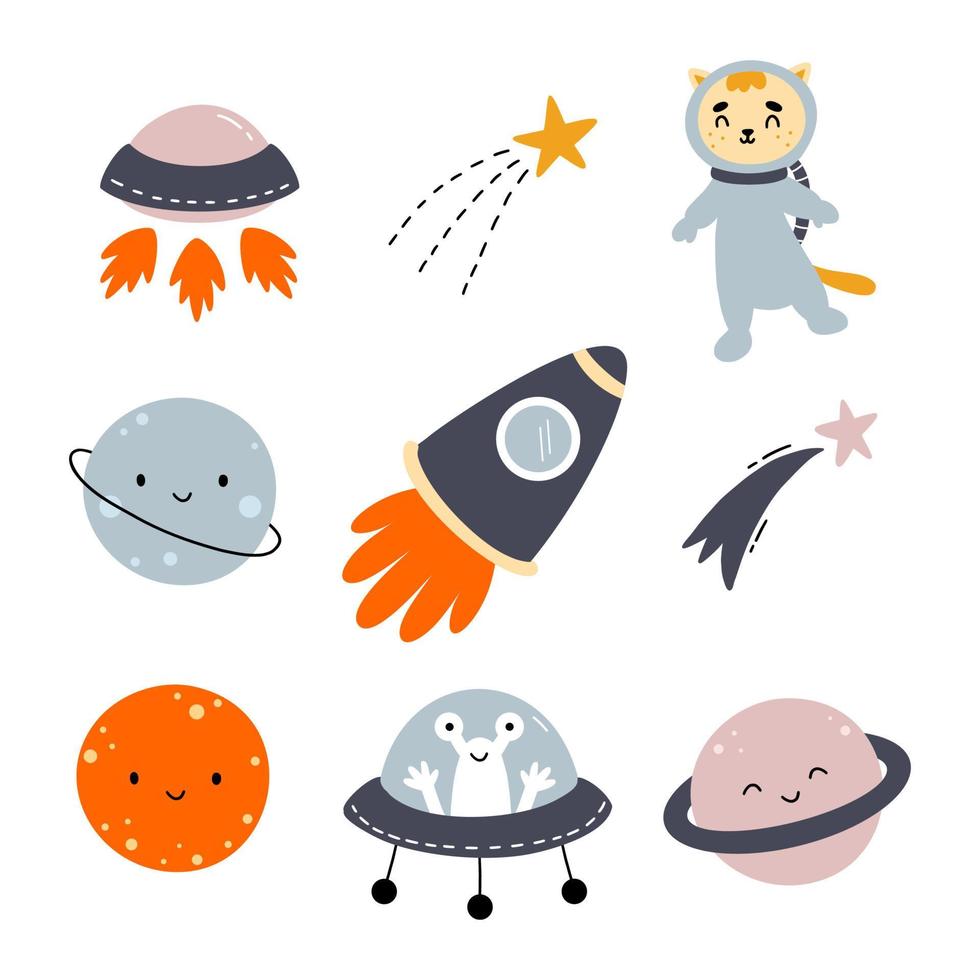 Set von Kinderaufklebern zum Thema Weltraum. Planet und Raumschiff. Vektor-Doodle-Illustration. vektor