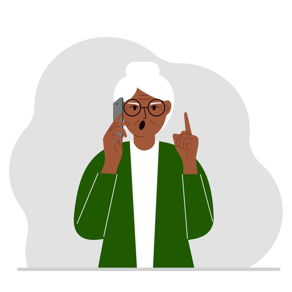skrikande mormor pratar i mobiltelefon med känslor. ena handen med telefonen den andra med en gest uppåt med pekfingret. platt vektor illustration