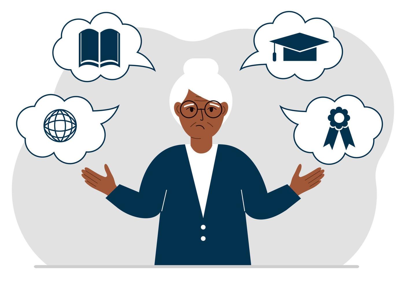 ledsen mormor med tankar om lärande. internetyrke, högre utbildning, börs, finansiell kunskap. olika ikoner om utbildning. platt vektor illustration