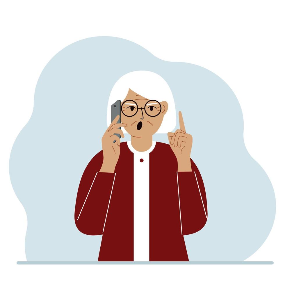 skrikande mormor pratar i mobiltelefon med känslor. ena handen med telefonen den andra med en gest uppåt med pekfingret. platt vektor illustration